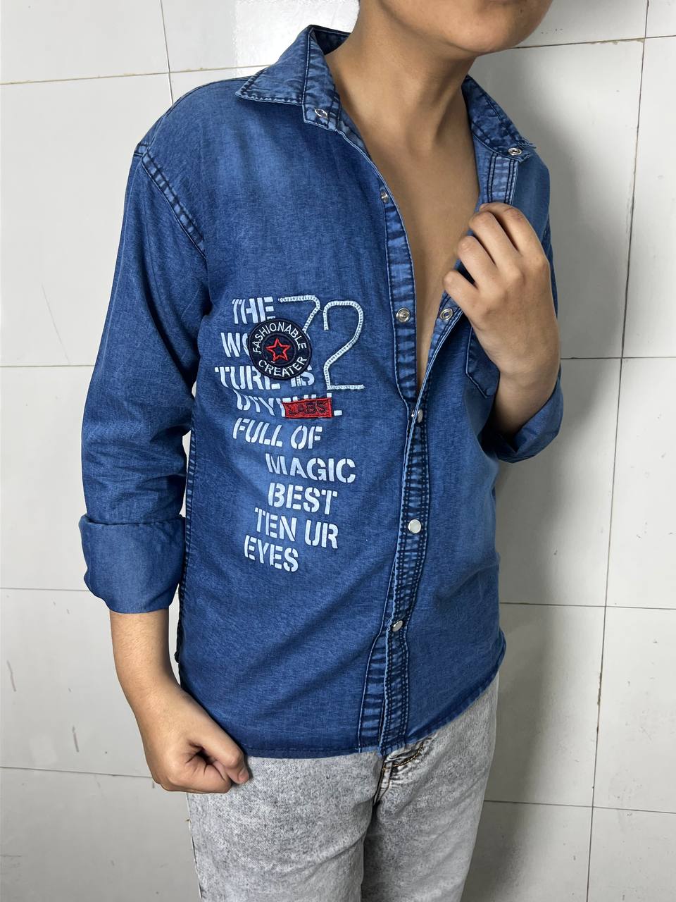 Boys Embroidery Acid Wash Denim Shirt