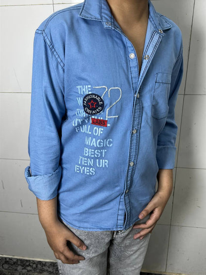 Boys Embroidery Light Blue Denim Shirt