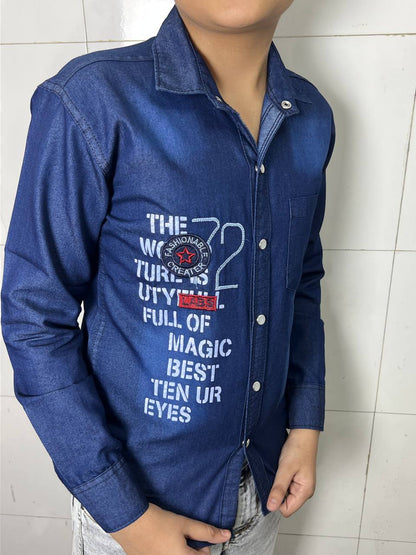 Boys Embroidery Dark Blue Denim Shirt