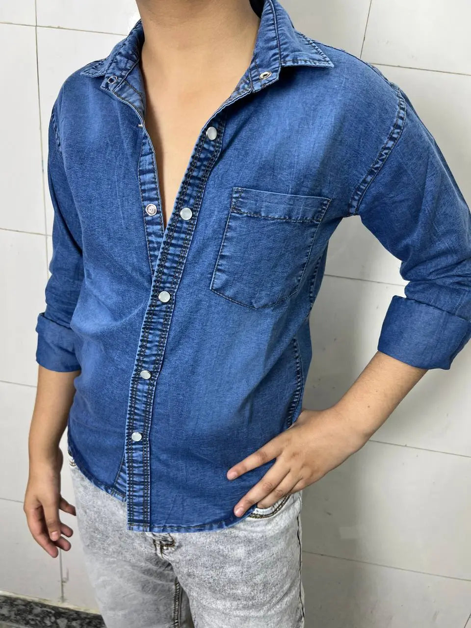 Boys Single Pocket Full Sleeve Acid Wash Denim Shirt