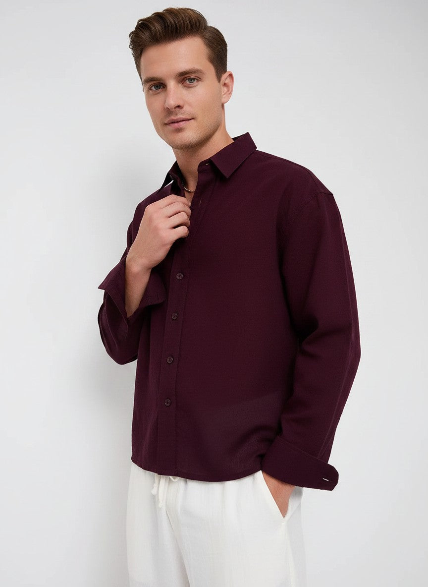 Men Weave Crop Boxy Fit Wine Shirt