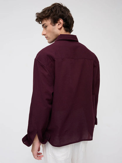 Men Weave Crop Boxy Fit Wine Shirt