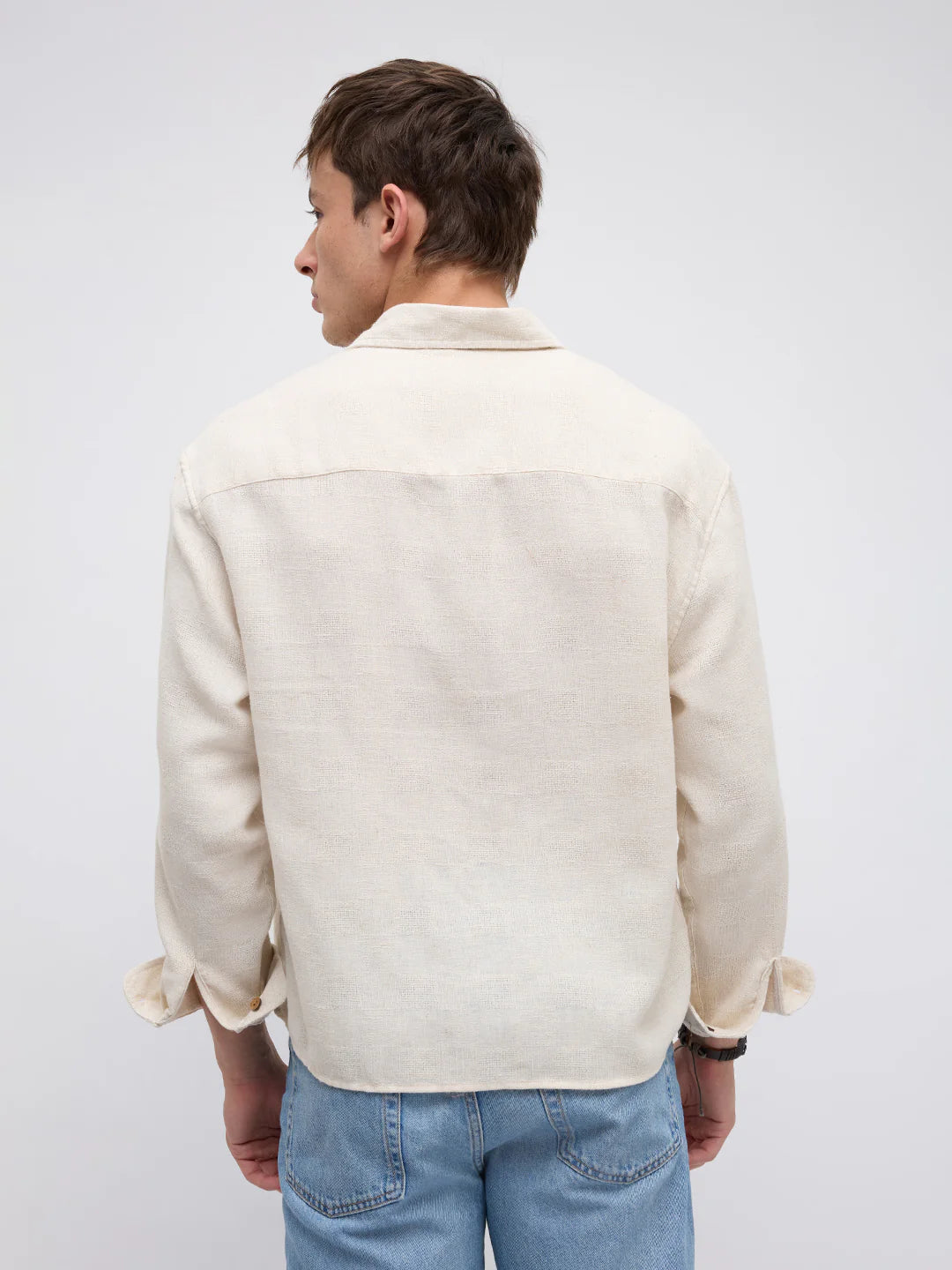 Men Linen Blend Boxy Fit Crop Beige Shirt