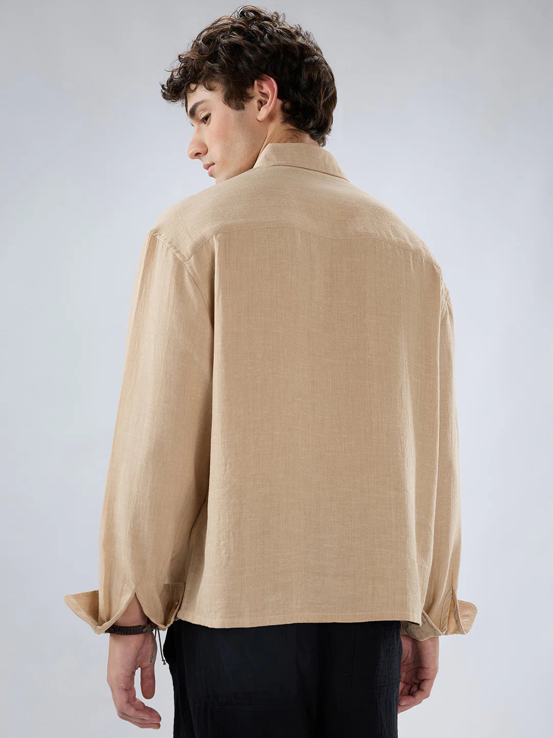 Men Textured Boxy Fit Crop Beige Shirt