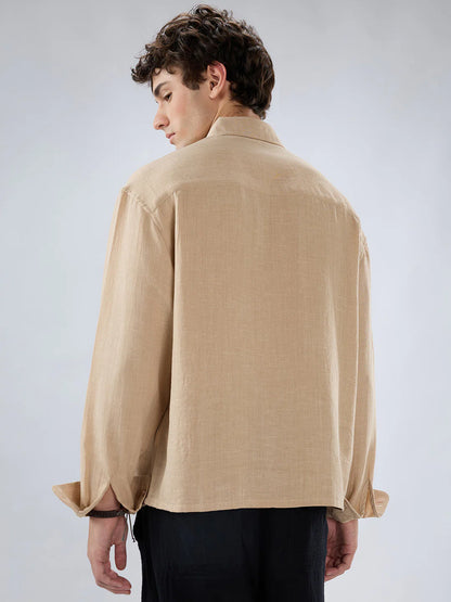Men Textured Boxy Fit Crop Beige Shirt