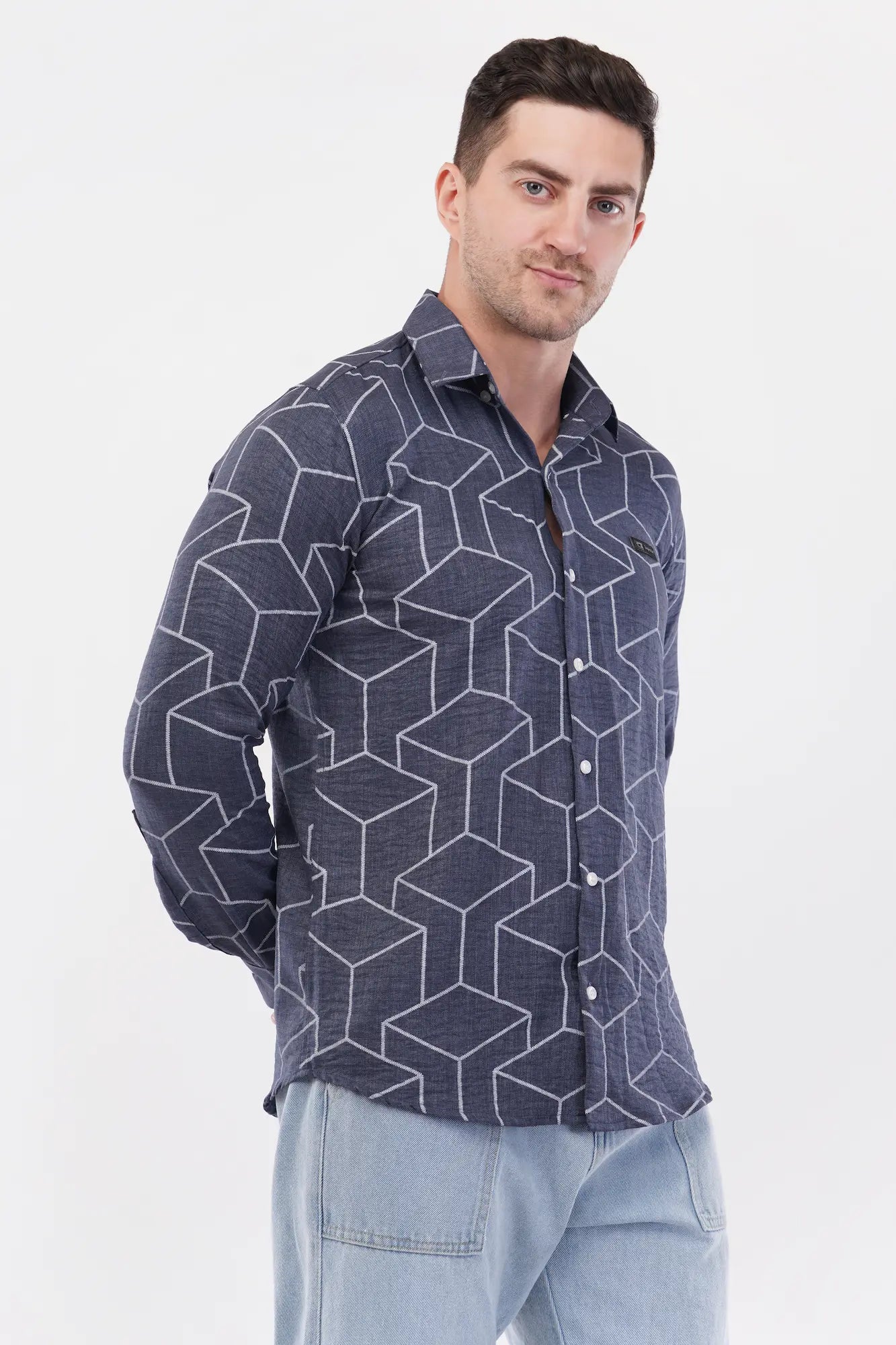 Mid Grey Geometric Digital Printed Shirt