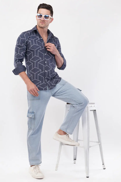 Mid Grey Geometric Digital Printed Shirt