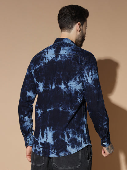 CLOUDBURST DARK BLUE DOUBLE POCKET DENIM SHIRT FOR MEN