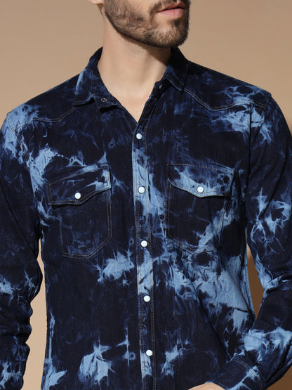 CLOUDBURST DARK BLUE DOUBLE POCKET DENIM SHIRT FOR MEN