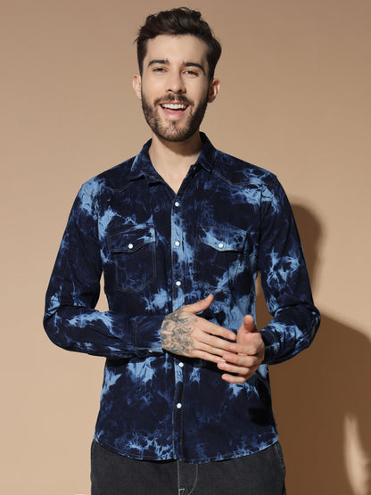 CLOUDBURST DARK BLUE DOUBLE POCKET DENIM SHIRT FOR MEN