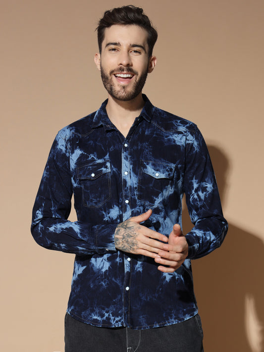 CLOUDBURST DARK BLUE DOUBLE POCKET DENIM SHIRT FOR MEN