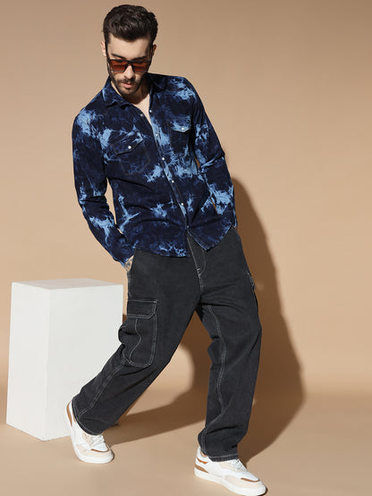 CLOUDBURST DARK BLUE DOUBLE POCKET DENIM SHIRT FOR MEN