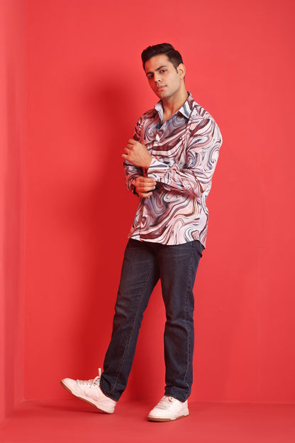 Men's Cream Iridium Print Cotton Casual Shirt