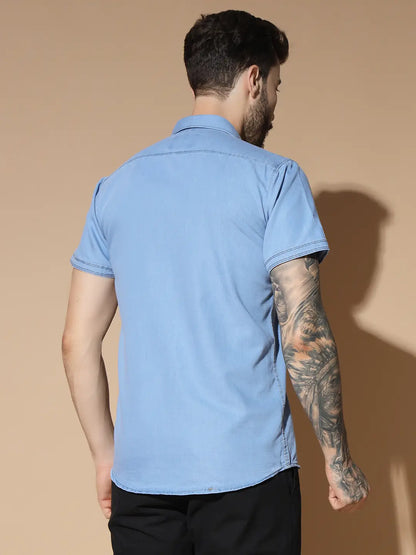 DOUBLE POCKET HALF SLEEVE LIGHT BLUE SILK DENIM SHIRT