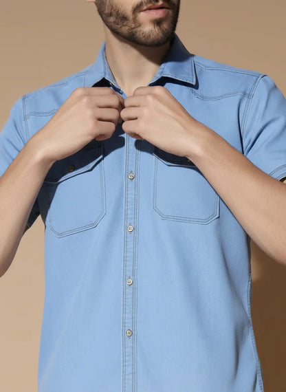 DOUBLE POCKET HALF SLEEVE LIGHT BLUE SILK DENIM SHIRT