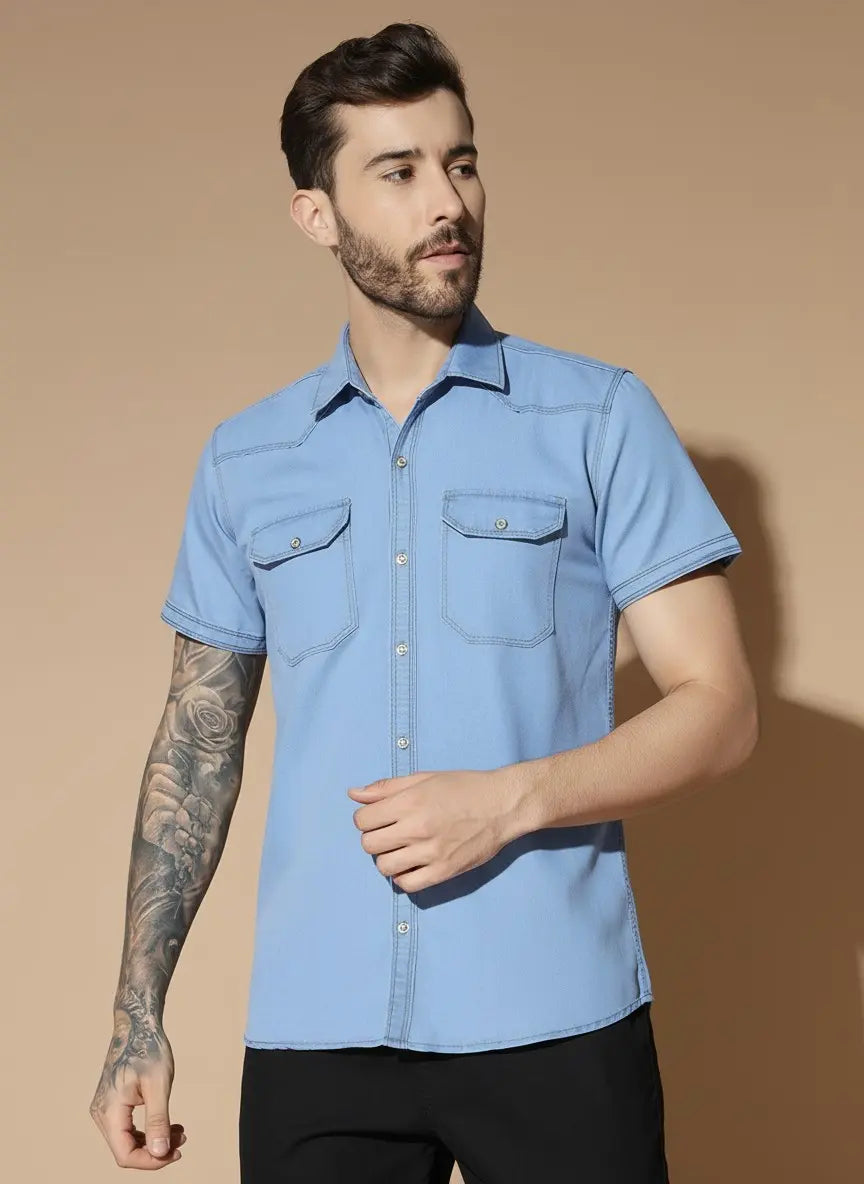 DOUBLE POCKET HALF SLEEVE LIGHT BLUE SILK DENIM SHIRT