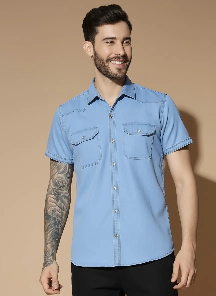 DOUBLE POCKET HALF SLEEVE LIGHT BLUE SILK DENIM SHIRT