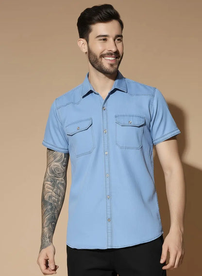 DOUBLE POCKET HALF SLEEVE LIGHT BLUE SILK DENIM SHIRT