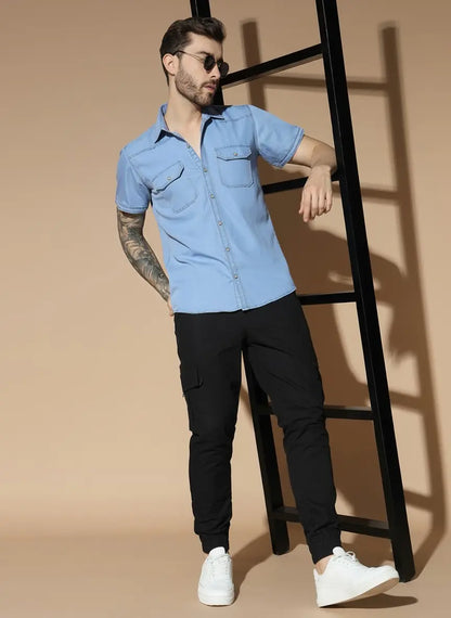 DOUBLE POCKET HALF SLEEVE LIGHT BLUE SILK DENIM SHIRT