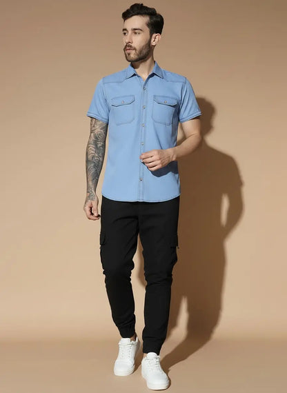 DOUBLE POCKET HALF SLEEVE LIGHT BLUE SILK DENIM SHIRT