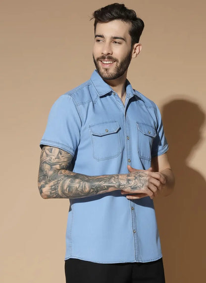 DOUBLE POCKET HALF SLEEVE LIGHT BLUE SILK DENIM SHIRT