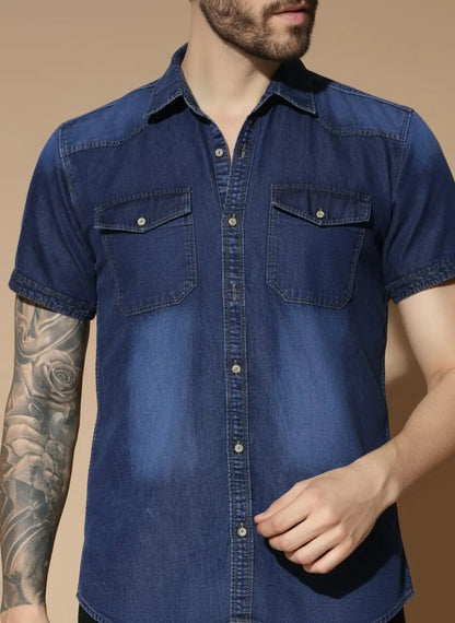 DOUBLE POCKET HALF SLEEVE NAVY BLUE SILK DENIM SHIRT