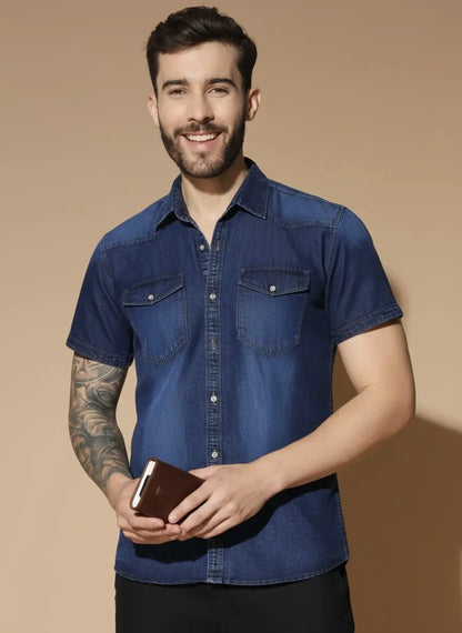 DOUBLE POCKET HALF SLEEVE NAVY BLUE SILK DENIM SHIRT