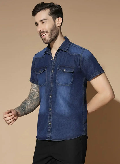 DOUBLE POCKET HALF SLEEVE NAVY BLUE SILK DENIM SHIRT