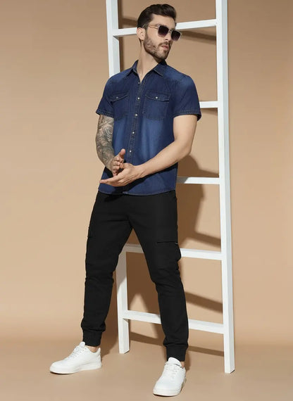 DOUBLE POCKET HALF SLEEVE NAVY BLUE SILK DENIM SHIRT