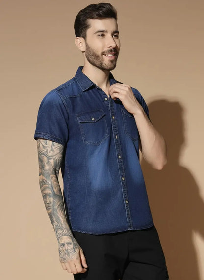 DOUBLE POCKET HALF SLEEVE NAVY BLUE SILK DENIM SHIRT