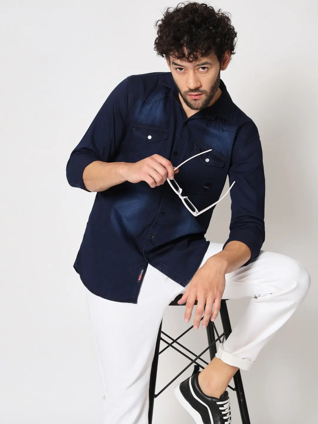 DOUBLE POCKET NAVY BLUE INDIGO DENIM SHIRT