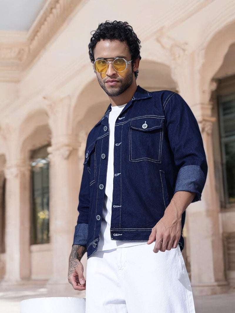 Indigo Double Box Pocket Dark Blue Denim Jacket-Front Side
