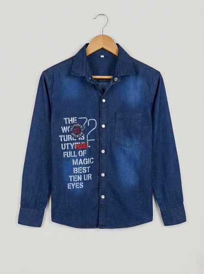 Boys Embroidery Dark Blue Denim Shirt