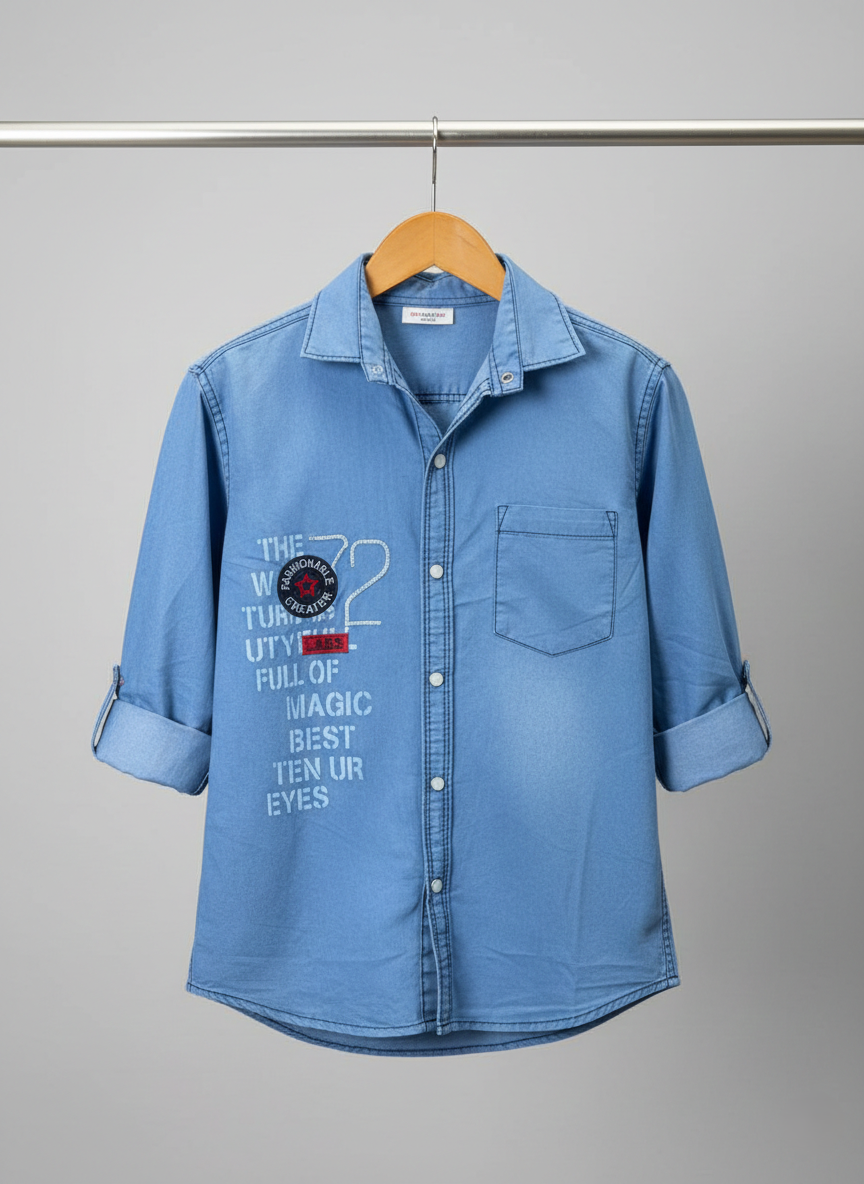Boys Embroidery Light Blue Denim Shirt
