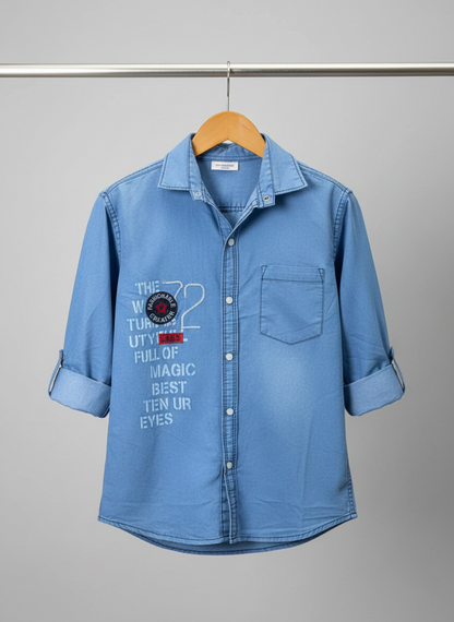 Boys Embroidery Light Blue Denim Shirt