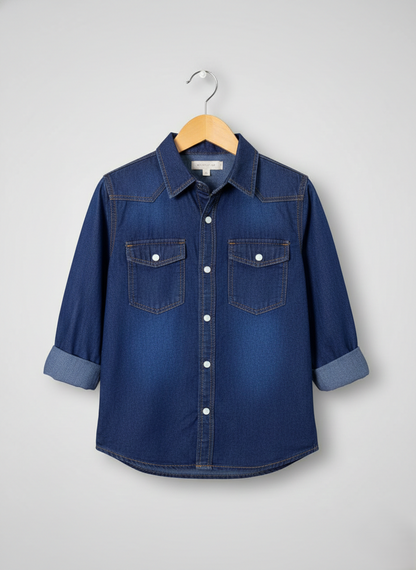 Boys Double Pocket Dark Blue Denim Shirt
