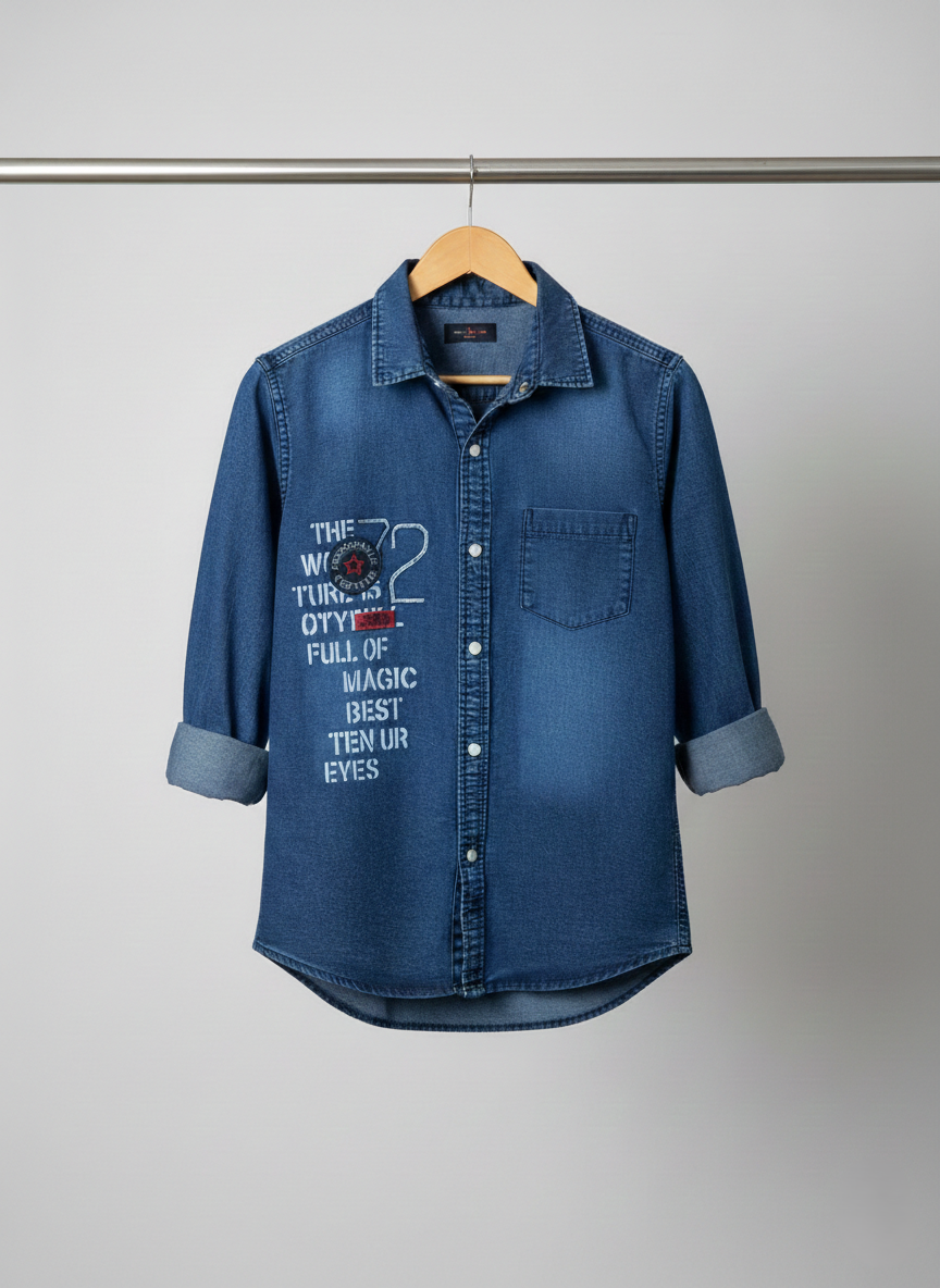 Boys Embroidery Acid Wash Denim Shirt