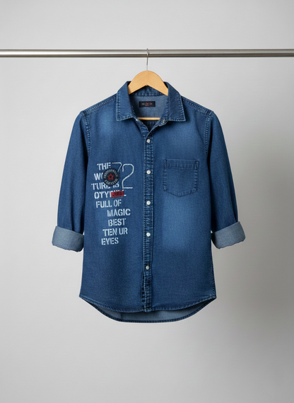Boys Embroidery Acid Wash Denim Shirt