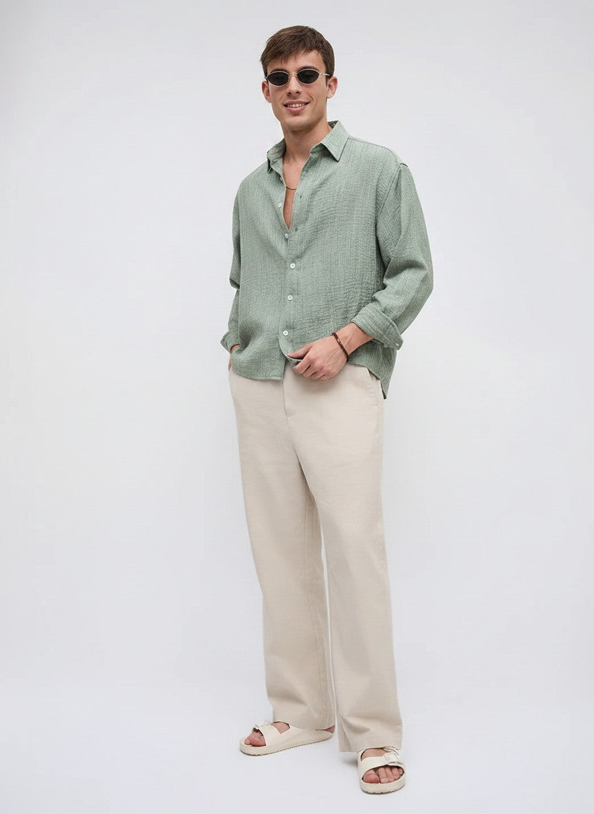 Men Textured Boxy Fit Crop Mint Green Shirt