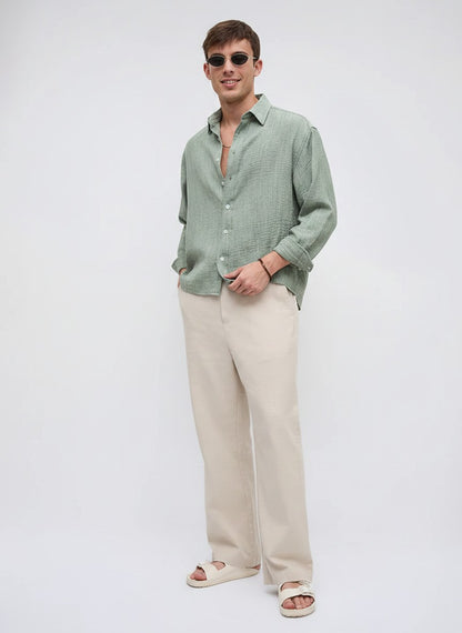 Men Textured Boxy Fit Crop Mint Green Shirt