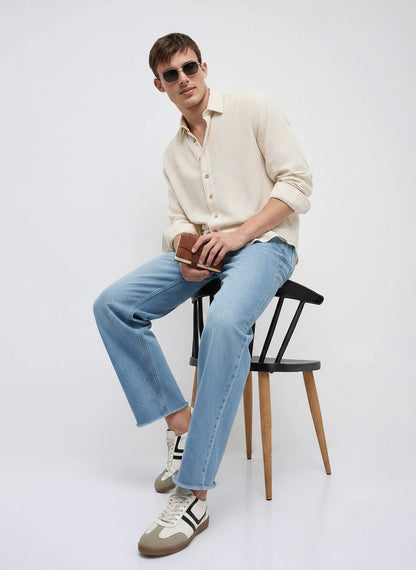 Men Linen Blend Boxy Fit Crop Beige Shirt