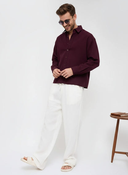 Men Weave Crop Boxy Fit Wine Shirt
