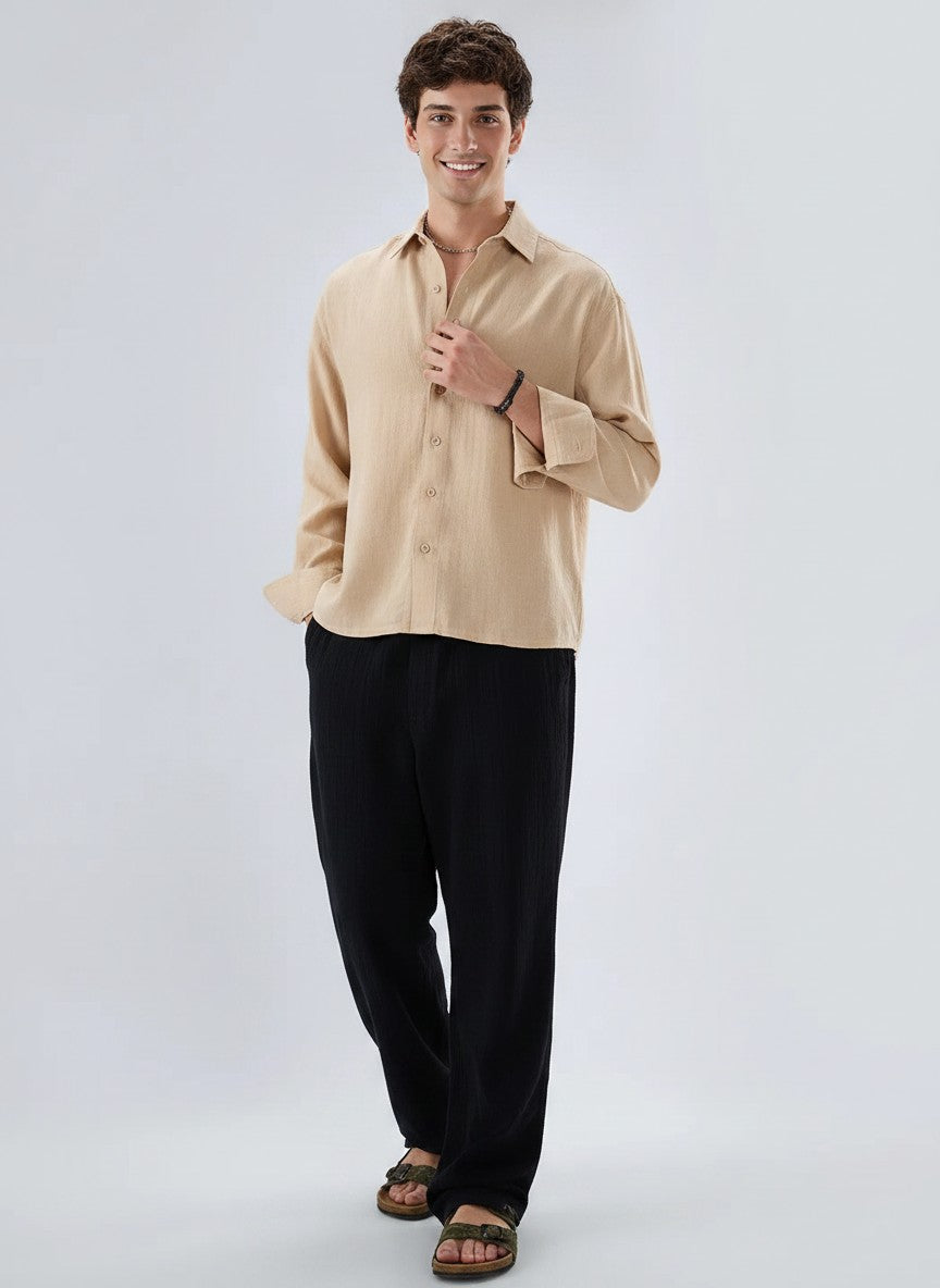 Men Textured Boxy Fit Crop Beige Shirt
