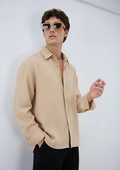 Men Textured Boxy Fit Crop Beige Shirt