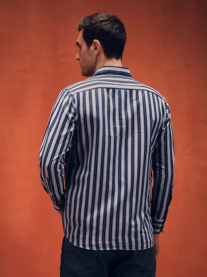 Men's White Stripes Indigo Denim Shirt