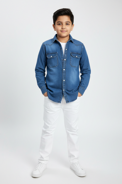 Boys Double Pocket Acid Wash Denim Shirt