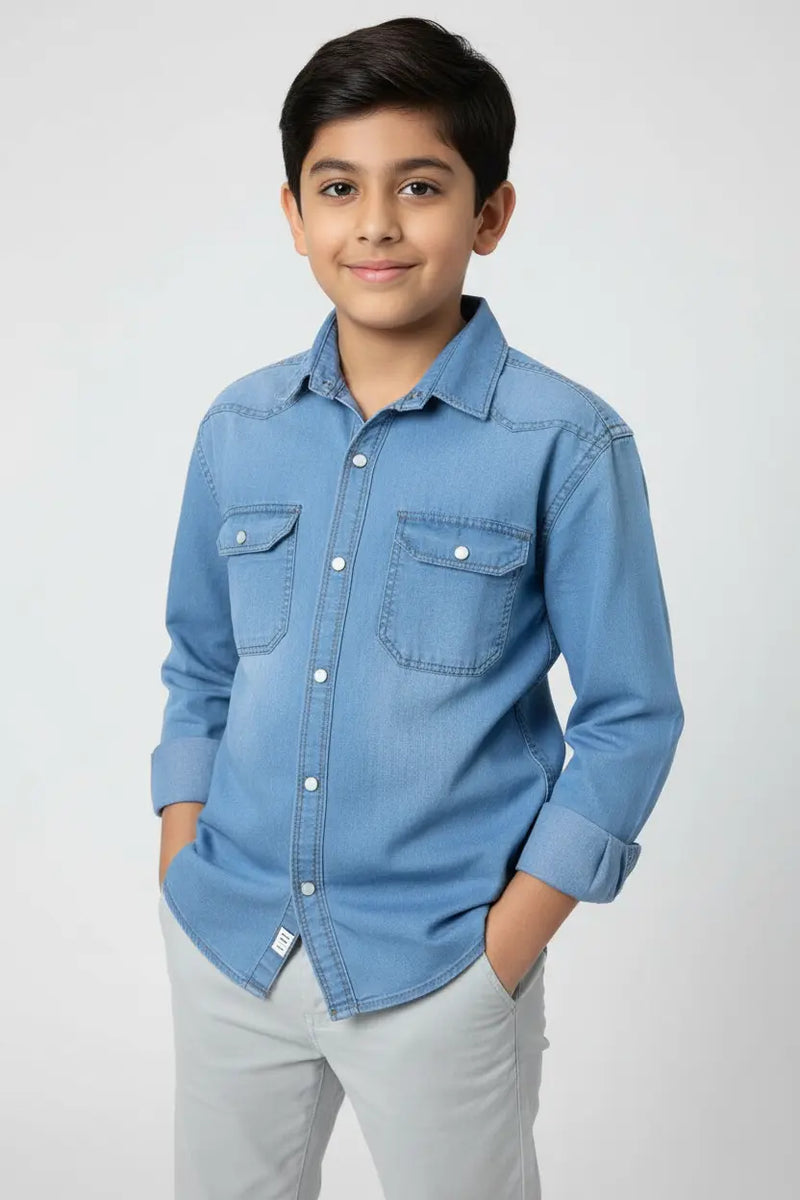 Boys Double Pocket Light Blue Denim Shirt