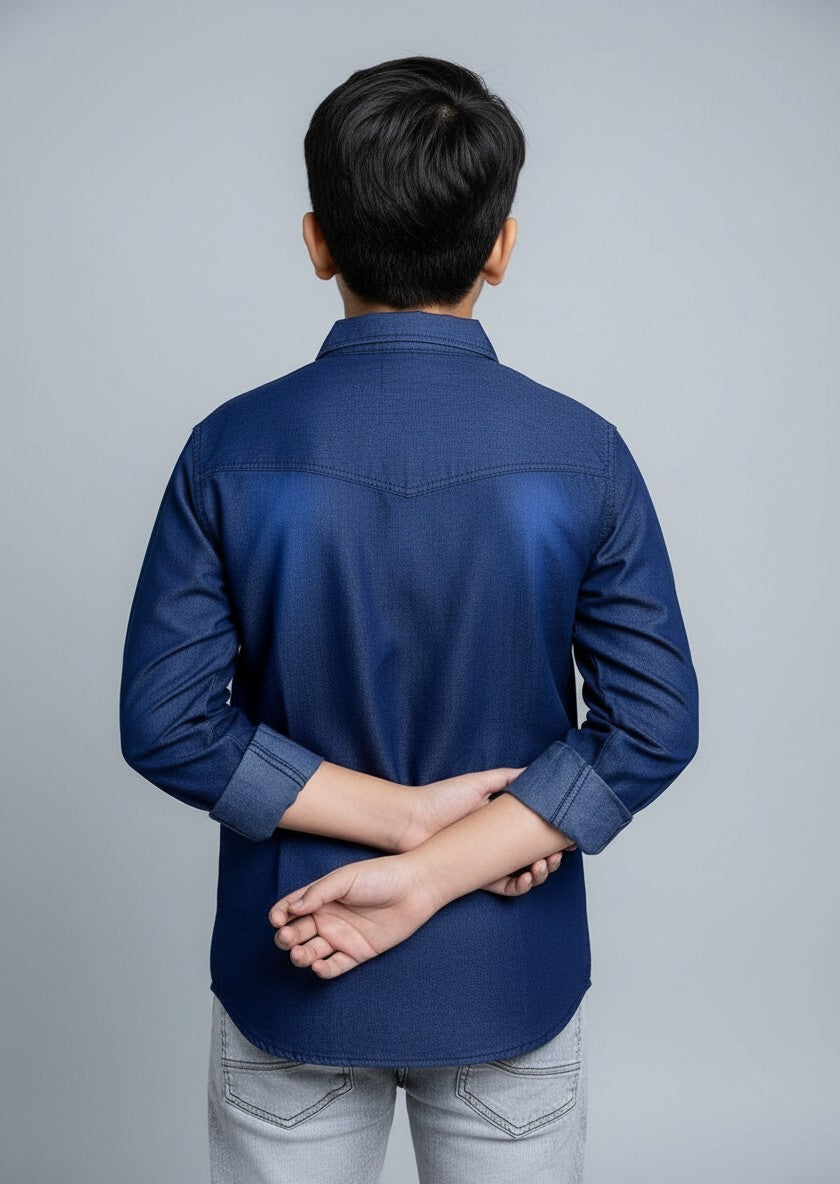 Boys Printed Double Pocket Dark Blue Denim Shirt