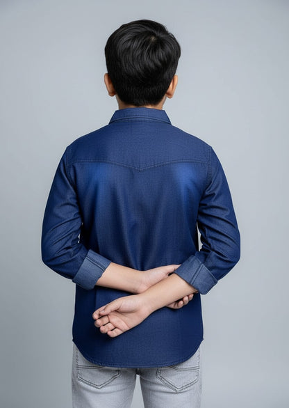Boys Printed Double Pocket Dark Blue Denim Shirt