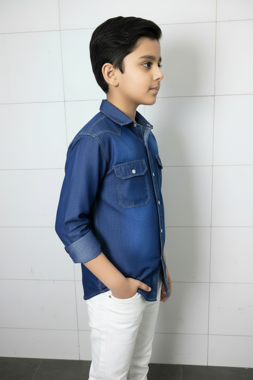 Boys Double Pocket Dark Blue Denim Shirt